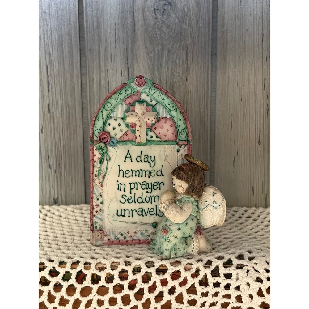 Resin Angel Figurine Prayer Quote Patchwork Quilt Style Religious Decor 4.75in
